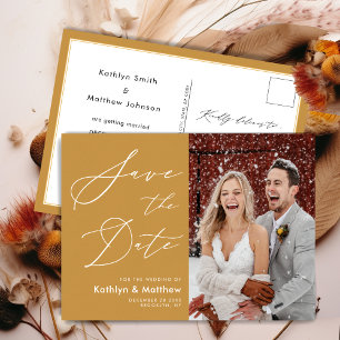 Honey Gold Modern Script Bröllop Spara Datum Meddelande Vykort