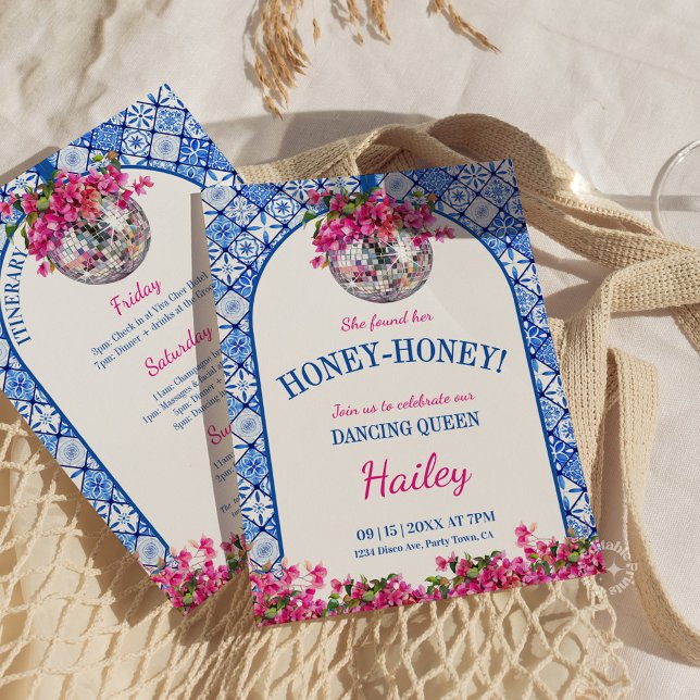 Honey Honey Dancing Queen Bachelorette Weekend  Inbjudningar (dancing queen invite, mamma mia invitation, bachelorette weekend, mediterranean party, girls weekend)