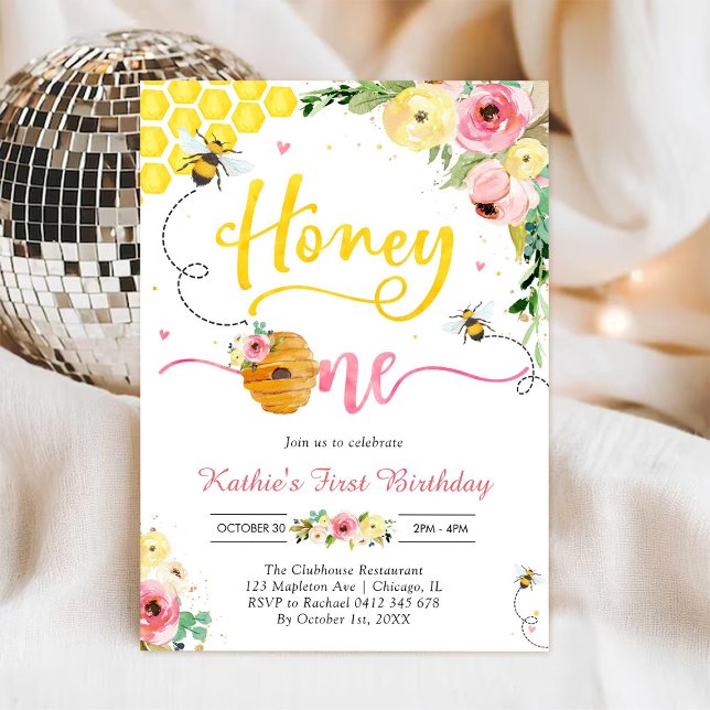 Honey One Honey Bee 1-års födelsedagsinbjudan Inbjudningar (Skapare uppladdad)