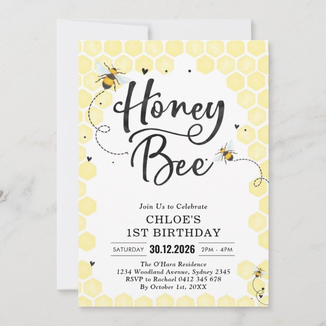Honey One Honey Bee 1st Birthday Invitation Inbjudningar (Framsida)