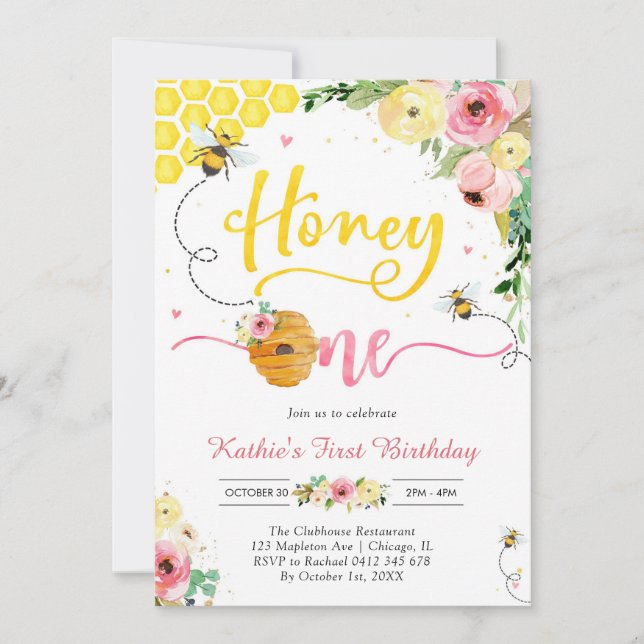 Honey One Honey Bee 1st Birthday Invitation Inbjudningar (Framsida)