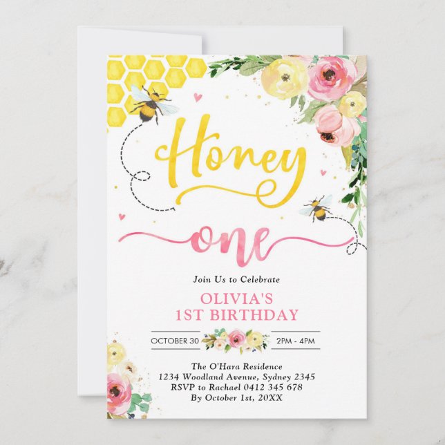 Honey One Honey Bee 1st Birthday Invitation Inbjudningar (Framsida)