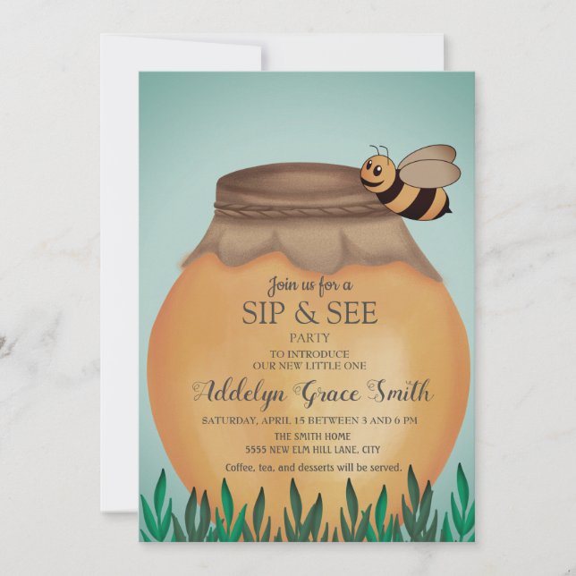 Honey Pot och Honeybee Sip Se Baby Shower Inbjudningar (Framsida)