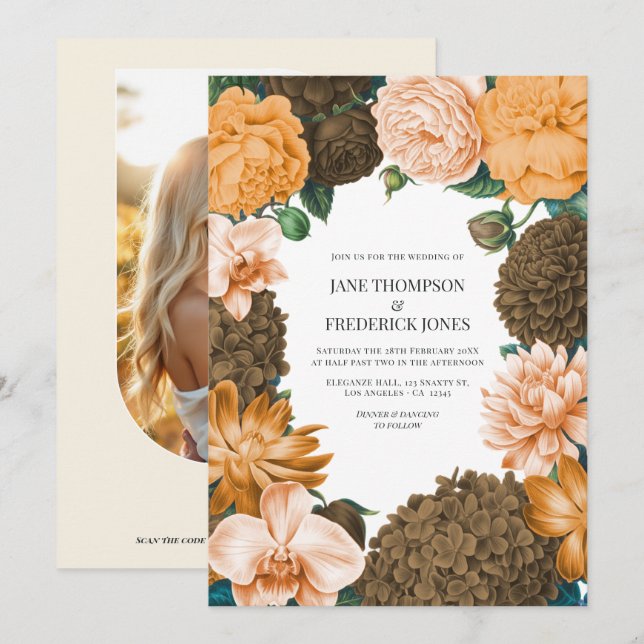 Honey Rose, Aprikos Fleur & Toffee Bloom Bröllop Inbjudningar (Fram/baksida)