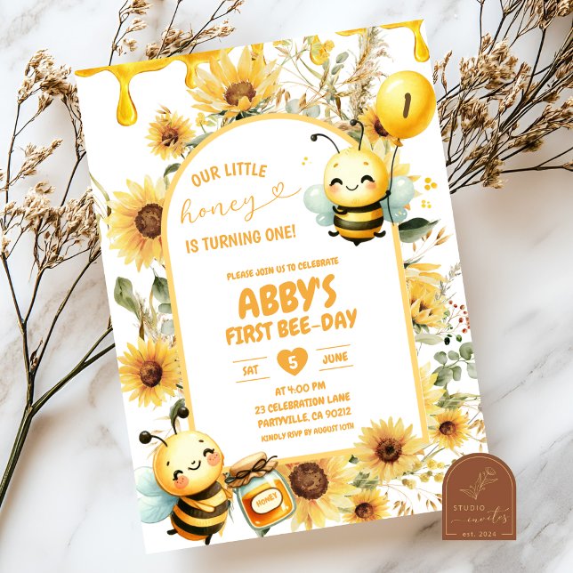 Honey Sunflower Första BeeDay Inbjudningar (Skapare uppladdad)