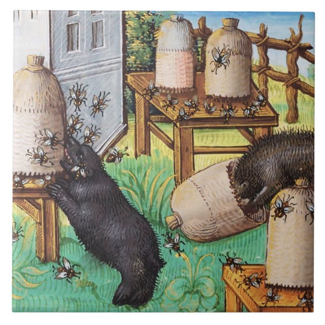 HONEY THIEF BEARS,BEES,BEHIVES Medieval Apiarist Kakelplatta (Framsidan)