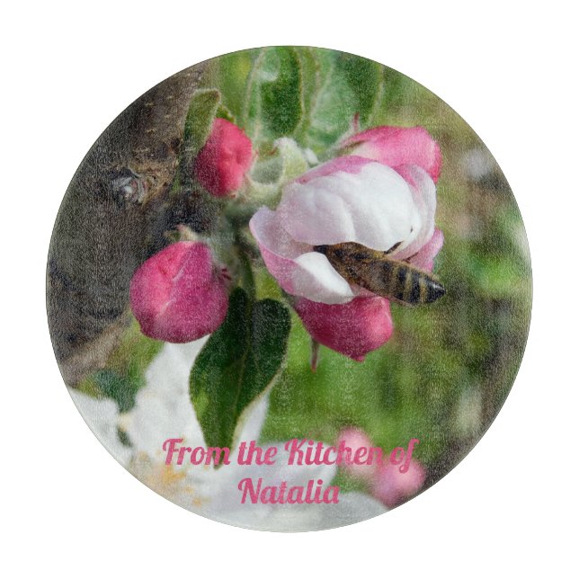Honeybee & Apple Blossom Glass Cutting Board (Framsidan)