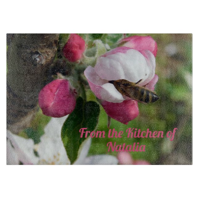Honeybee & Apple Blossom Glass Cutting Board (Framsidan)