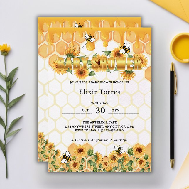Honeybee Baby Shower guld Solros Honeycomb Honeybe Inbjudningar (Skapare uppladdad)