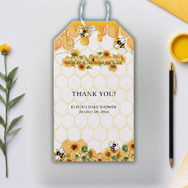 Honeybee Baby Shower guld Solros Honeycomb Honeybe Presentetikett