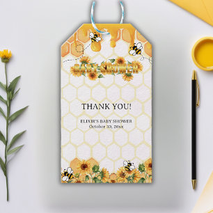 Honeybee Baby Shower guld Solros Honeycomb Honeybe Presentetikett