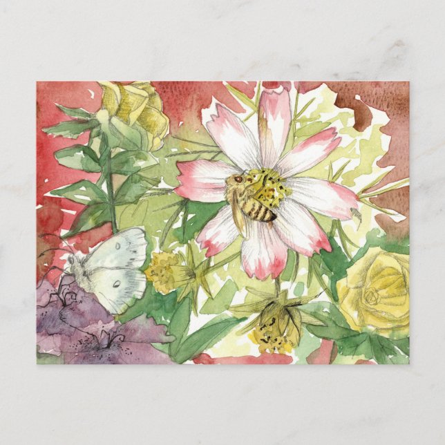 Honeybee Flowers Summer Garden Pollinators Vykort (Framsida)