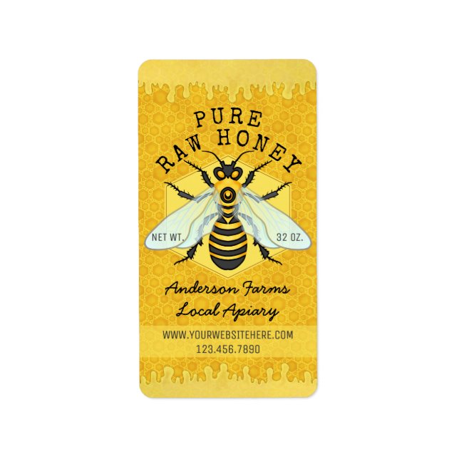 Honeybee Honung Burk Apiary Labels | Honeycomb Bee Adressetikett (Framsidan)