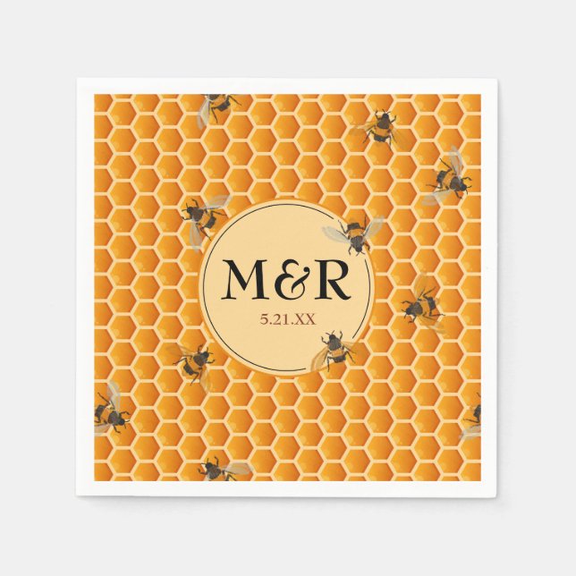 Honeybee Monogram Initialer Guld Bröllop Pappersservett (Framsidan)