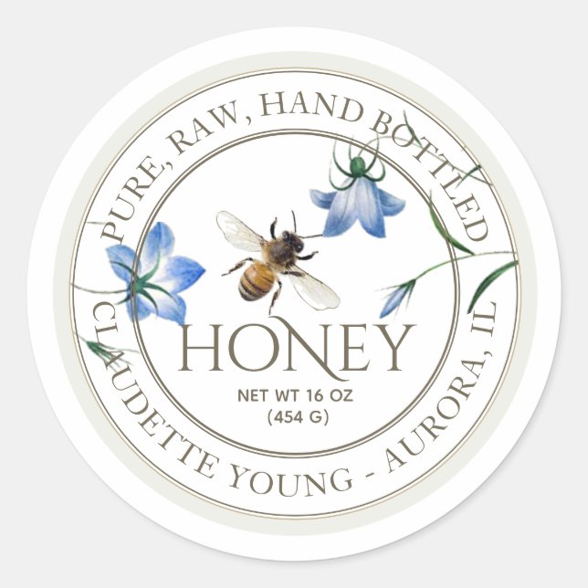 Honeybee och Blåa blommor Honungsvit etikett (Framsida)