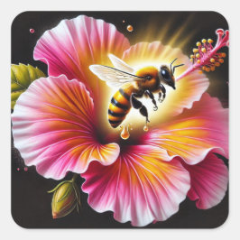 Honeybee Pollination a Blooming Bright Hibiscus Fyrkantigt Klistermärke