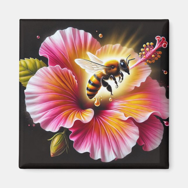Honeybee Pollination a Blooming Bright Hibiscus Magnet (Framsidan)