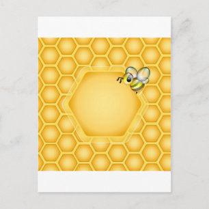 Honeycomb-bakgrund med söt honungsbi vykort