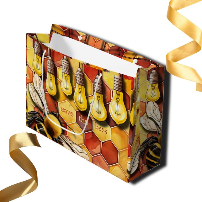 Honeycomb Bee and Garden String Ljus (Save the bees large customizable gift bag for birthdays, retirement parties )