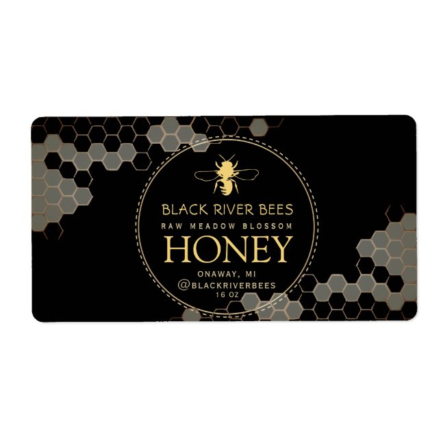 Honeycomb Bee Raw Honungsetikett Black Shipping La Fraktsedel (Framsidan)