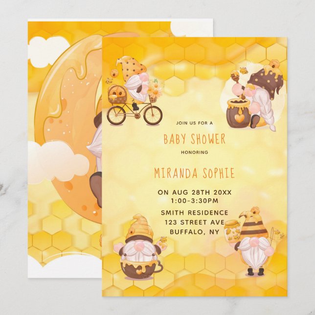Honeycomb Bees Gnomes Baby Shower Inbjudningar (Fram/baksida)