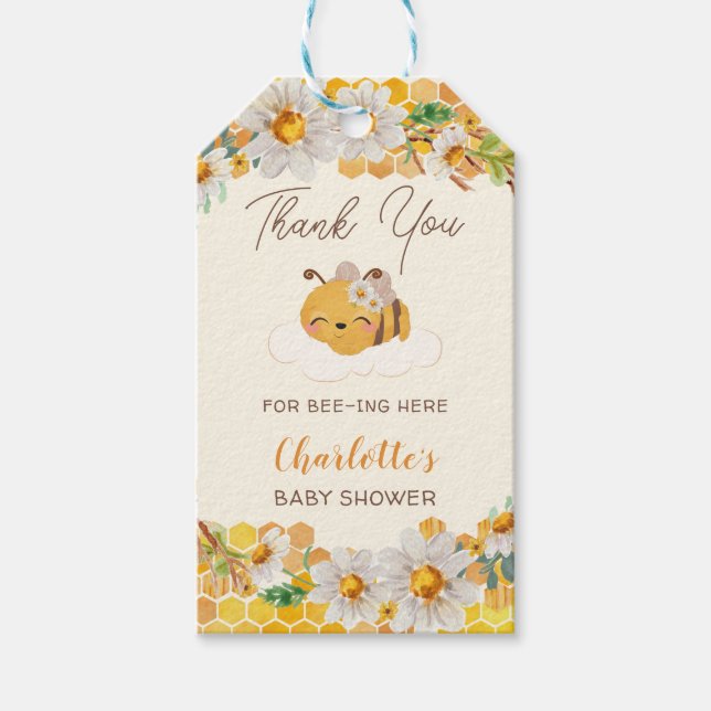 Honeycomb-Blommigten Bee Baby Shower Presentetikett (Framsidan)