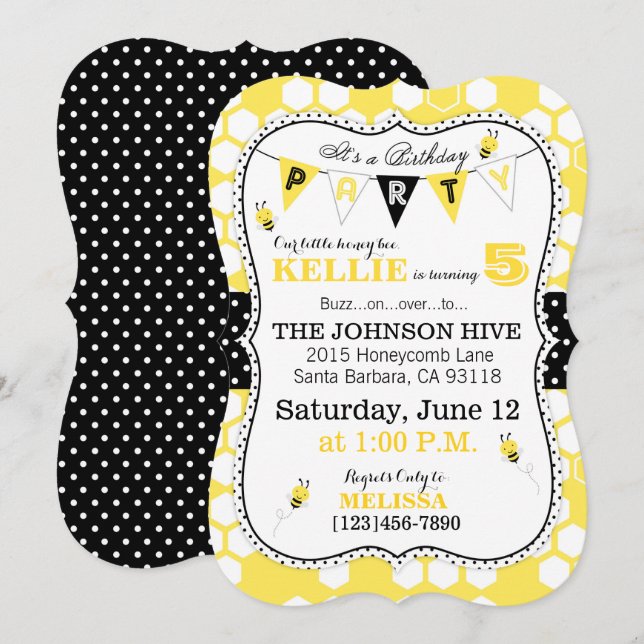 Honeycomb Dots och Humla Birthday Inbjudan (Fram/baksida)