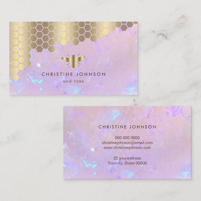 Honeycomb faux guld foil bi på lila sten visitkort (Fram/baksida)