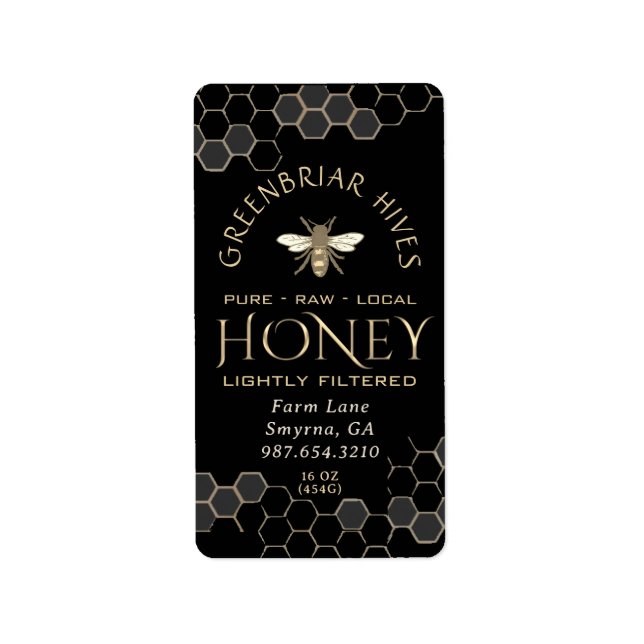 Honeycomb Heraldic Bee Honung Metallic Guld Black Adressetikett (Framsidan)