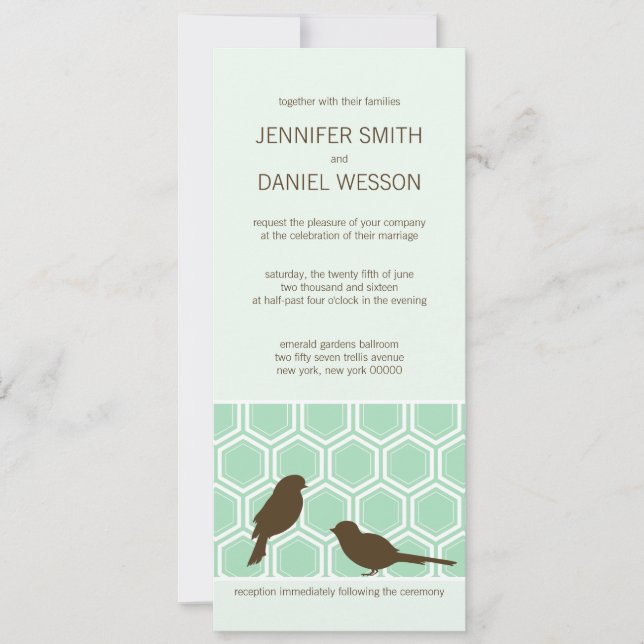 Honeycomb Mönster i myntform Grönt med Love birds Inbjudningar (Framsida)