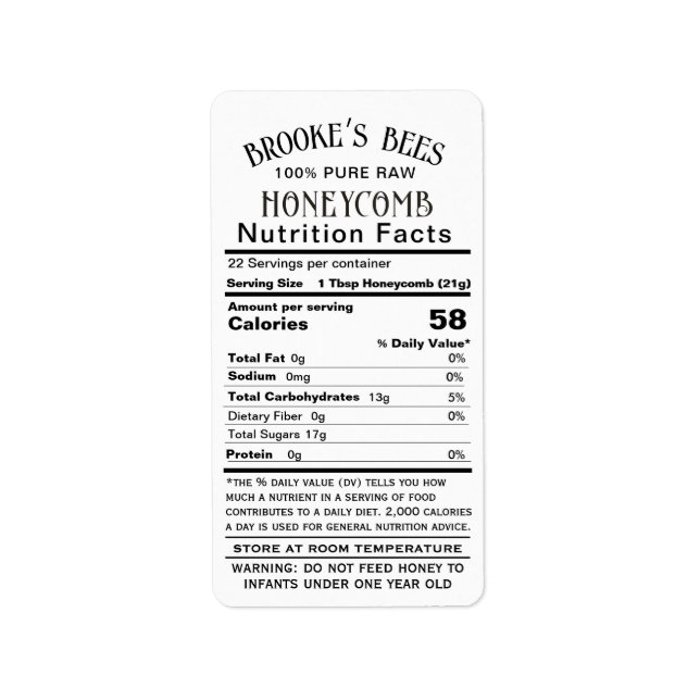 Honeycomb Nutrition Facts Infant Warning & Storage Adressetikett (Framsidan)