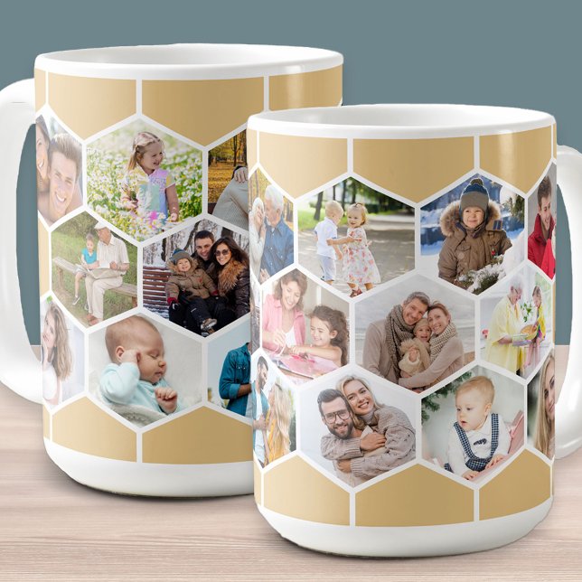 Honeycomb Photo Collage 17 Bild 15oz Kaffemugg (Honeycomb geometric hexagon shape photo mug with 17 pictures in honey beige)