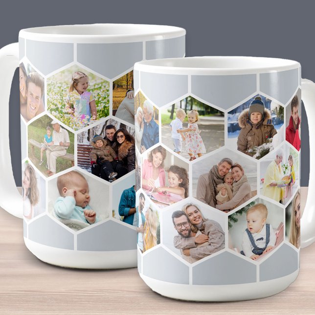 Honeycomb Photo Collage 17 Pic Silver Grått 15oz Kaffemugg (Honeycomb geometric hexagon shape photo mug with 17 pictures in silver grey)