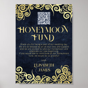Honeymånfond för elegant Navy Blue and Guld QR Cod Poster