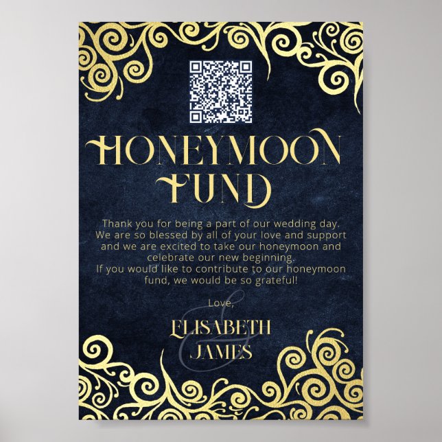 Honeymånfond för elegant Navy Blue and Guld QR Cod Poster (Framsidan)