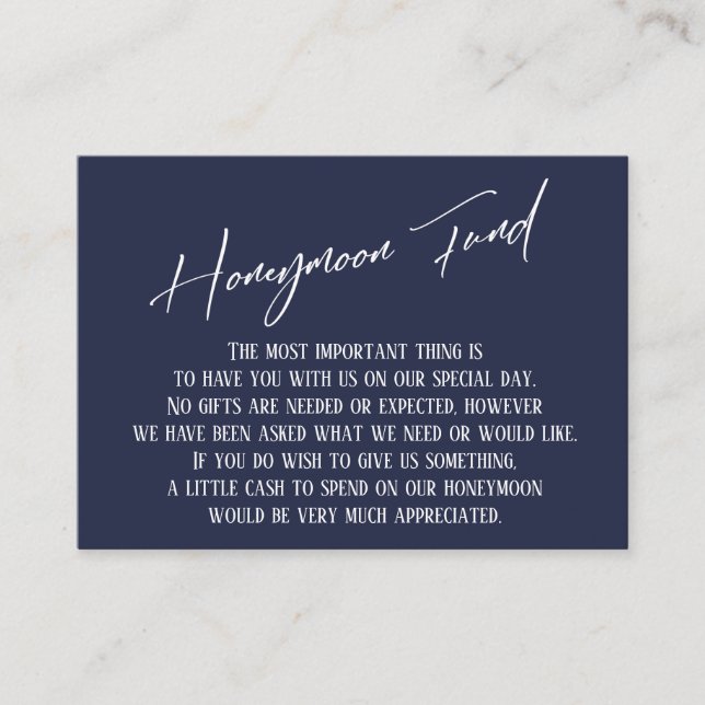 Honeymoon Fund Modern Handwrite Navy Blue Tilläggskort (Framsida)