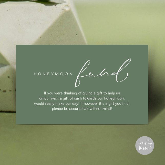 Honeymoon Fund, Modern Romantic Bröllop Tilläggskort (Wedding honeymoon wish, fund, enclosure card, A note on gifts, modern romantic, Greenery Sage Green)