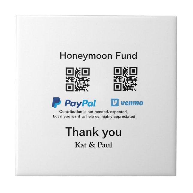 Honeymoon Fund PayPal Venmo QR-kod - tack Kakelplatta (Framsidan)