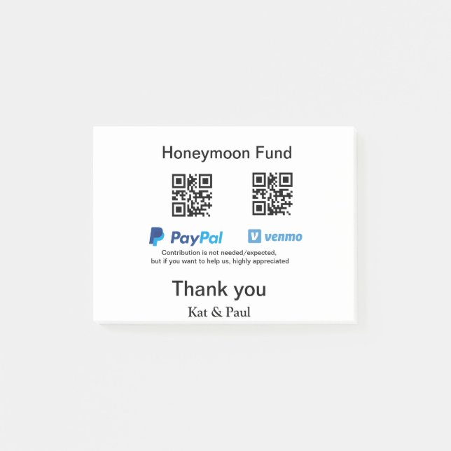 Honeymoon Fund PayPal Venmo QR-kod - tack Post-it Block (Framsida)