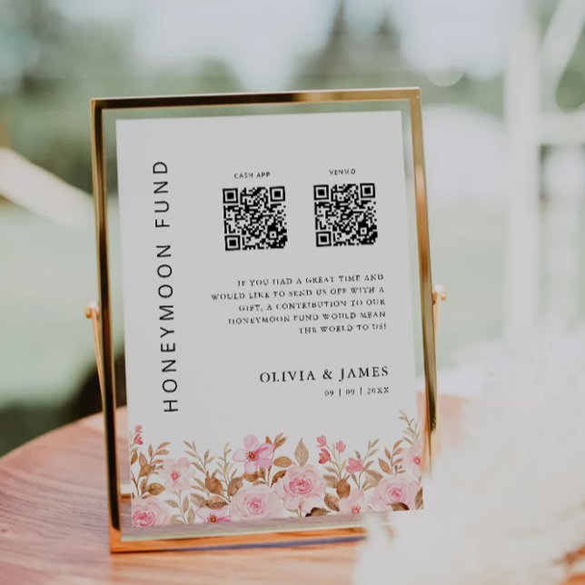 Honeymoon Fund QR Code Ro, Bröllop Inbjudningar (Honeymoon Fund QR Code Rose, Wedding Invitation)