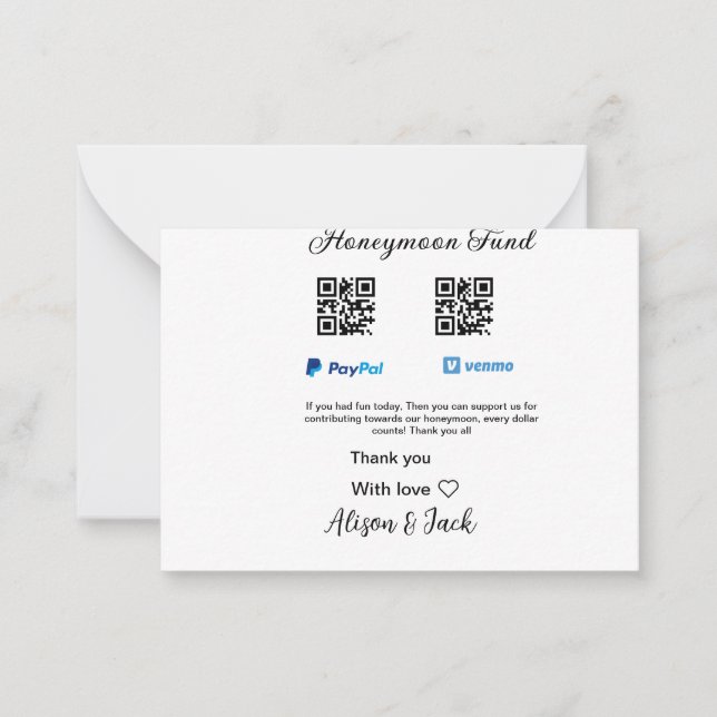 Honeymoon Fund venomo paypal Donation Q R-par Anteckningskort (Framsida)