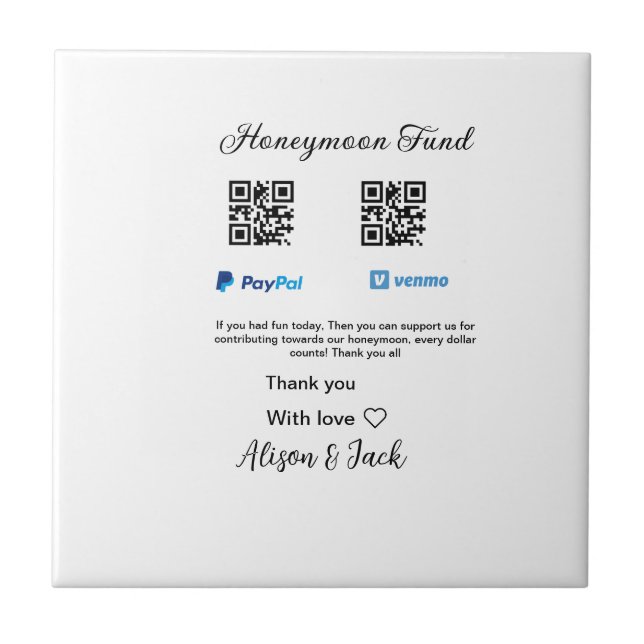 Honeymoon Fund venomo paypal Donation Q R-par Kakelplatta (Framsidan)