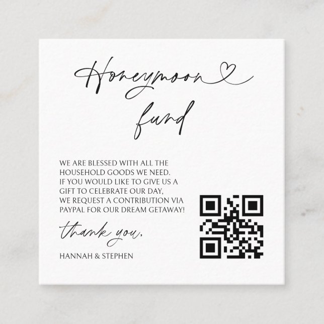 Honeymoon Fund Wedding Request Enclosure QR Card Fyrkantigt Visitkort (Framsida)