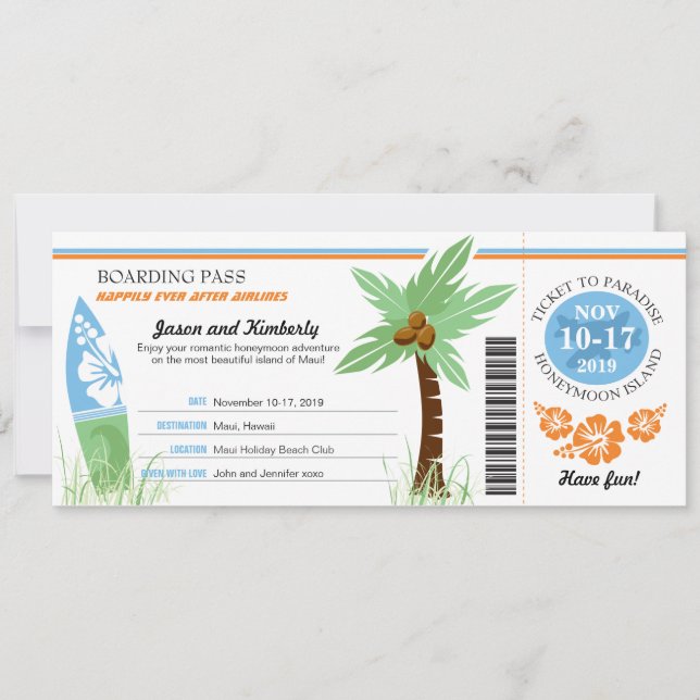 Honeymoon Gift Boarding Pass Handflatan Träd Surfa Inbjudningar (Framsida)