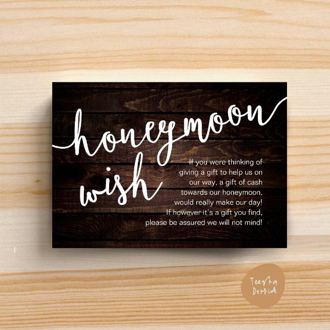 Honeymoon Wish Pengarar Fund, en not om gåvor Tilläggskort (Honeymoon Fund Cash Wish, a note on gifts Enclosure Card Rustic Dark Wood)