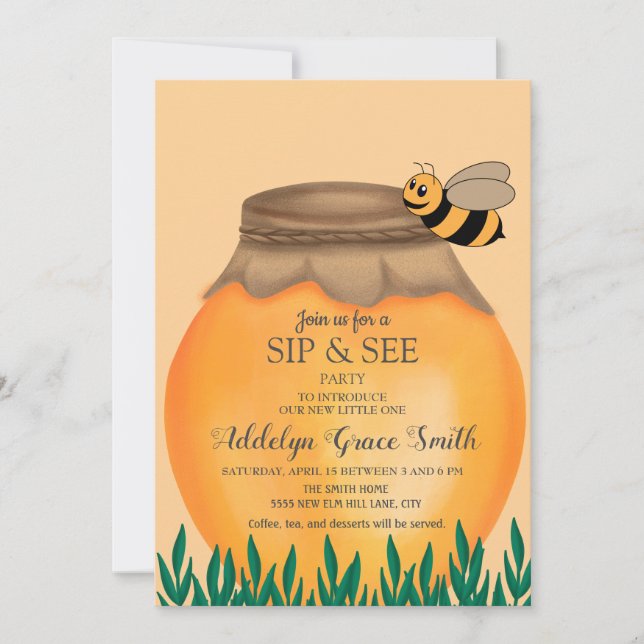 Honeypot och Bumblebee Sip See Baby Shower Inbjudningar (Framsida)