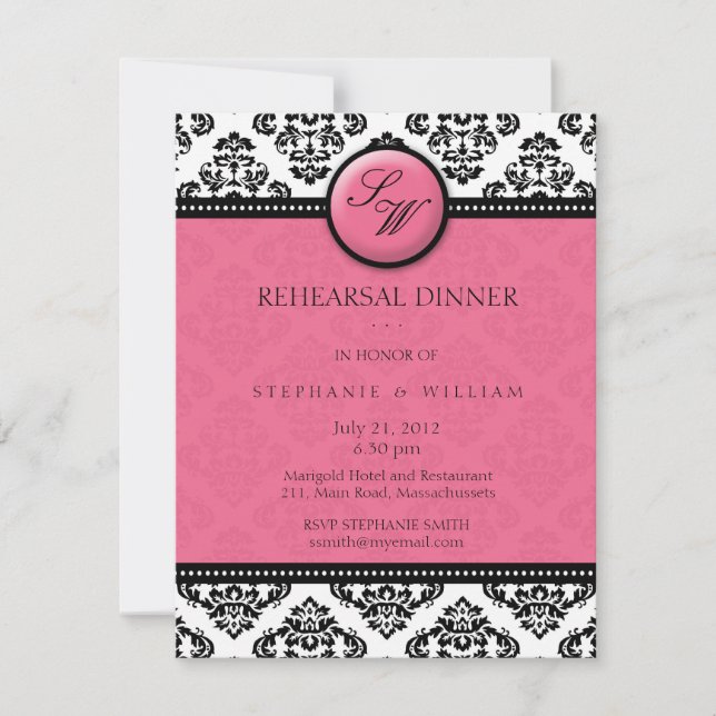 Honeysuckle Damask Monogram Rehearsal Dinner Card Inbjudningar (Framsida)