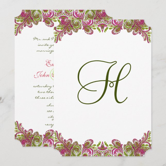 Honeysuckle Rosa and Apple Grönt Paisley Bröllop Inbjudningar (Fram/baksida)