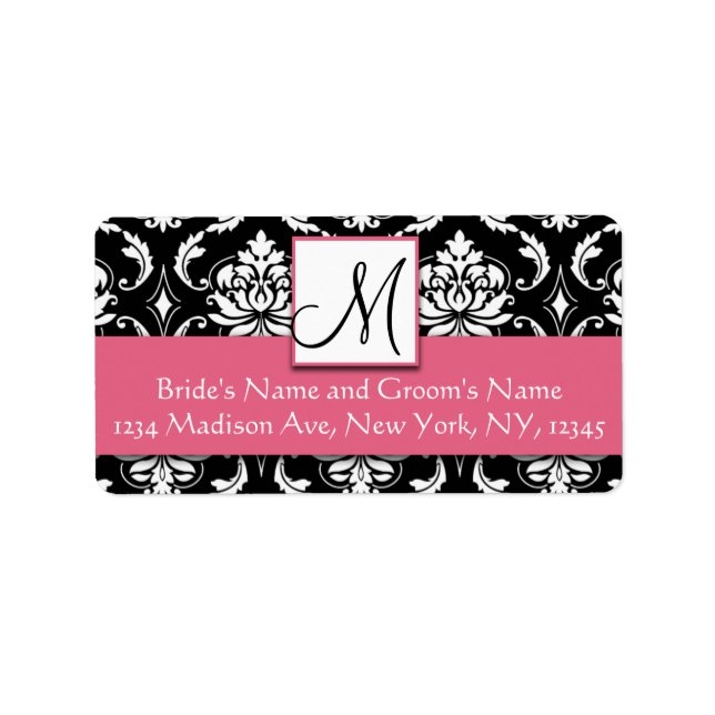Honeysuckle Rosa Damask Monogram-Adressetiketter Adressetikett (Framsidan)
