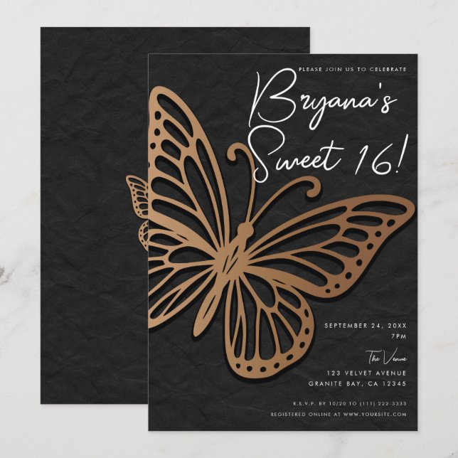 Honeywind Brown Black Boho Butterfly Sweet 16 Inbjudningar (Fram/baksida)